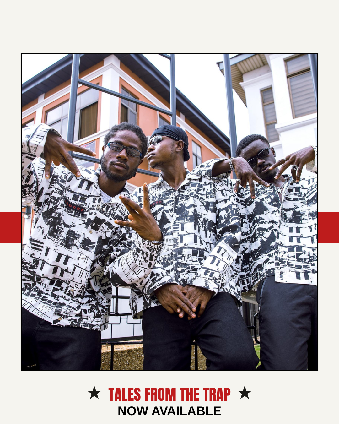 Details of fabric paint and stitching from Kumasi-based streetwear label.
Street-style shoot in Adum for HADORF launch campaign

