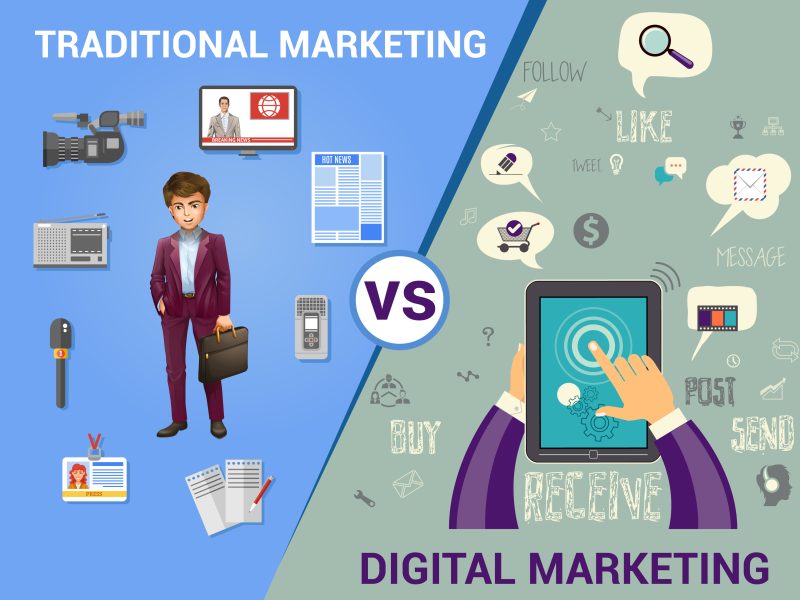 Traditional marketing vs digital marketing visual comparison